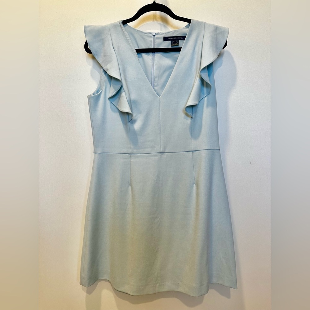 French Connection Elegant Ruffle Sleeve Dress in Baby Blue